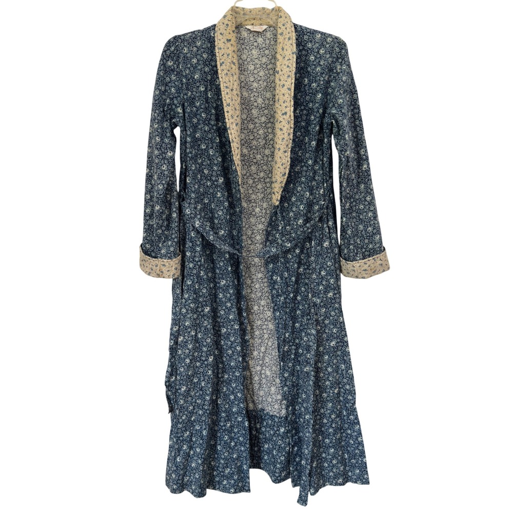 Vintage Calico Floral Wrap Robe Housecoat Navy Shawl Collar Cottagecore Annie